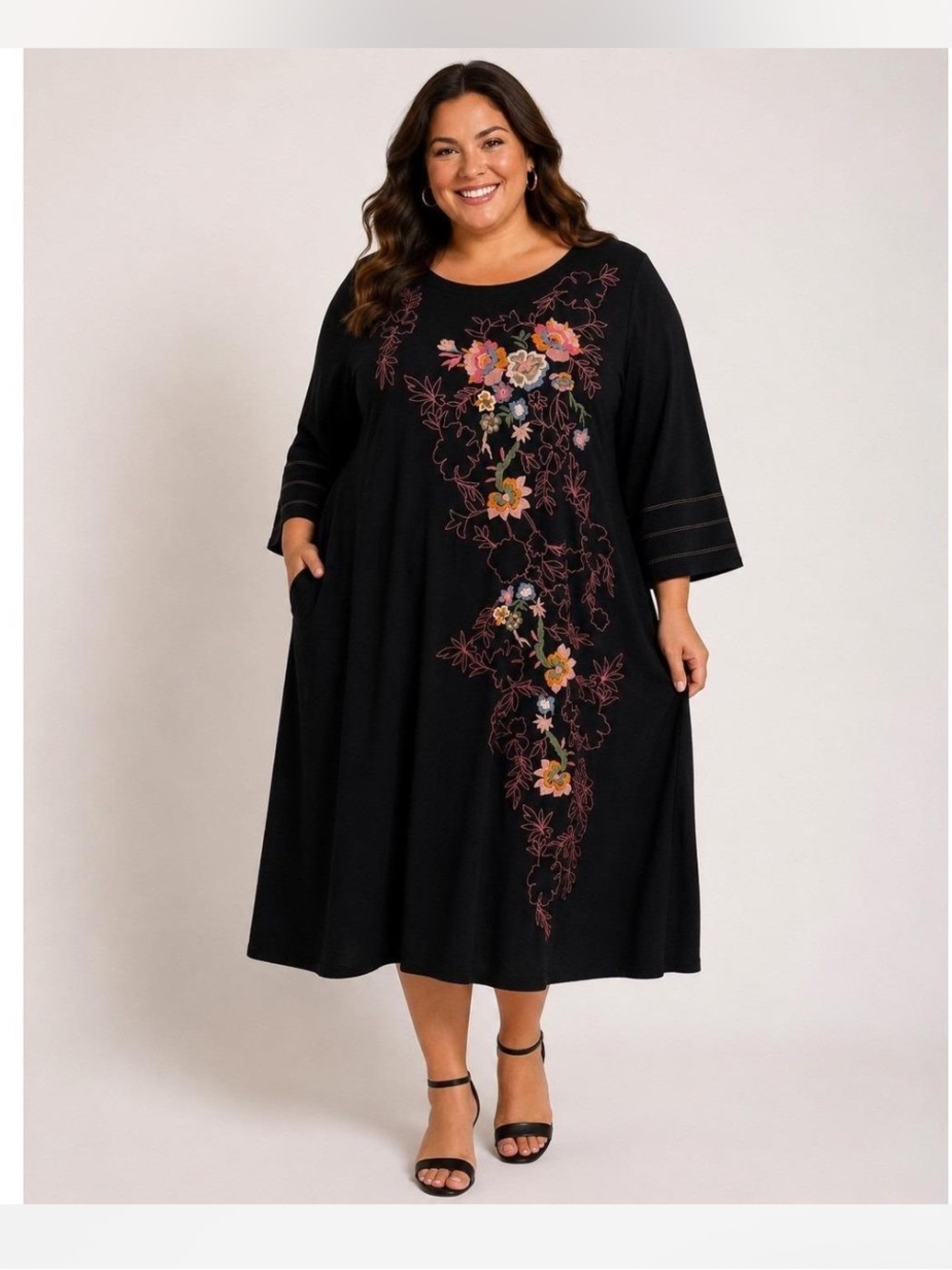 J. Jill Black Midi Dress with Floral Embroidery
